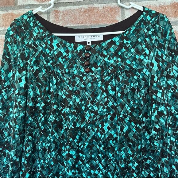 Trina Turk Long Sleeve Shift Dress Women’s Medium Geometric Teal Blue Turquoise - Picture 2 of 9